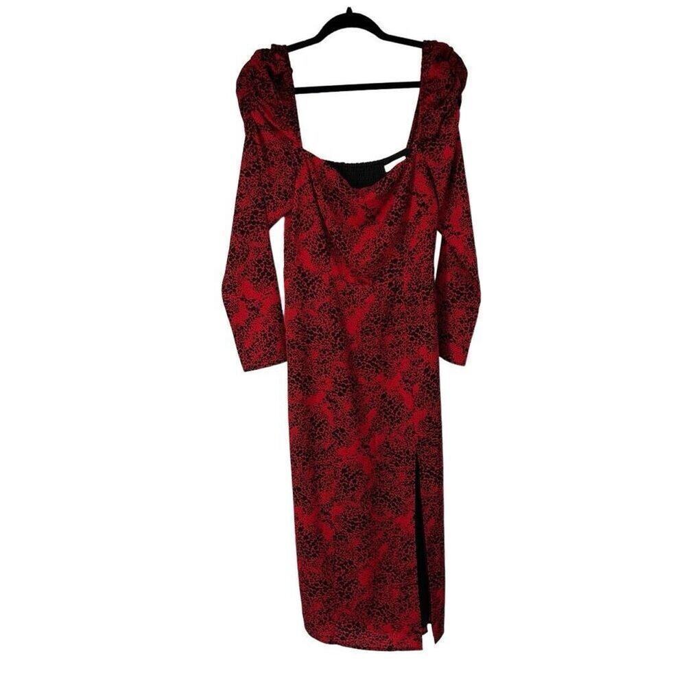 Leith Red Black Splatter Print Square Neck Long Sleeve Midi Dress Sz S Women’s